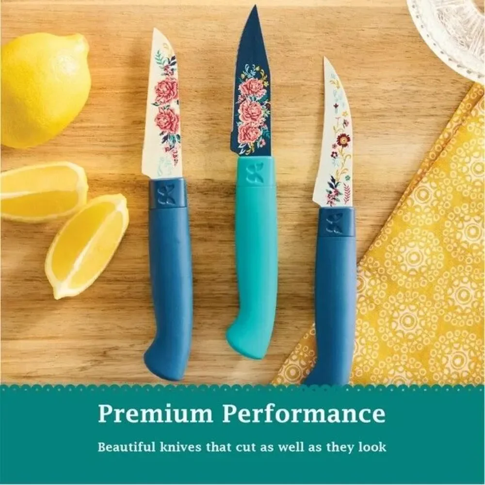Pioneer Woman Keepsake Floral Stainless Steel Paring Knife Set 3pc Blade Cover